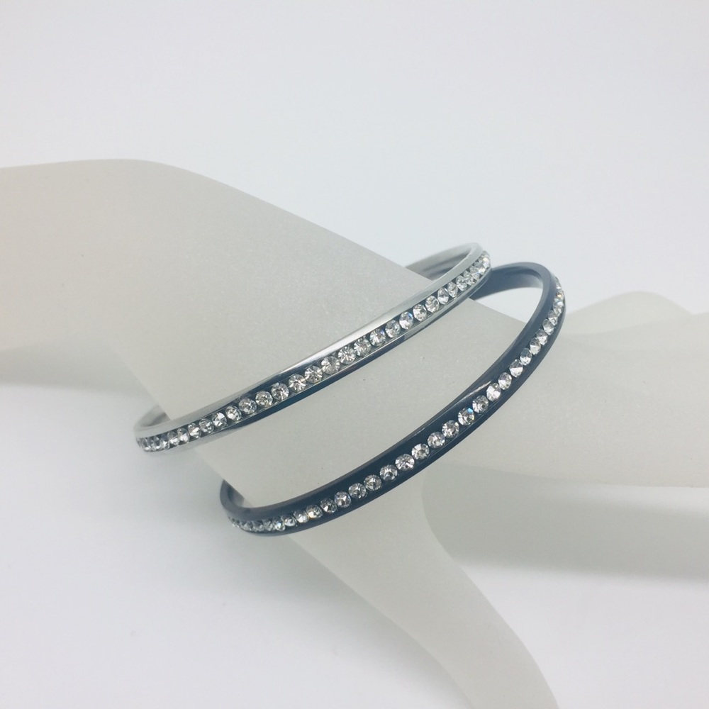 Pair Bangle Bracelets black silver crystals